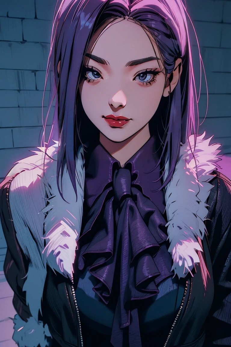 1 Girl, Yun Jin Lee, dead by daylight, Light Purple Straight Hair, White Faux Fur Short Shrug Jacket, Purple Tie Neck Ruffle Trim Satin Blouse, light smile, close up, 