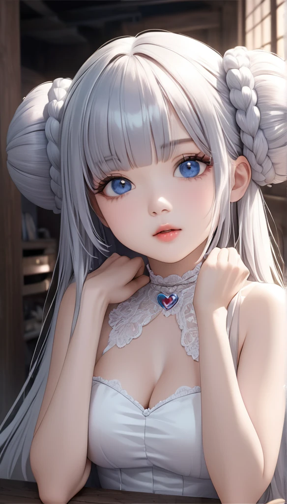 cute magical girl, (double bun, blunt bangs, silver straight long hair), amorous and lewd face, make-up, blue eyes, great proportion, white gothic bare top dress, choker, both hands above head, background dimly lit basement, (ultra detailed, absolutely resolution, best quality:1.3), 2.5D, delicate and dynamic, artistic photography, hyper realistic, graphic CG digital cartoon-style art