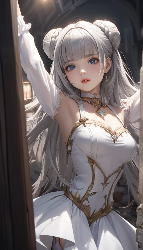 cute magical girl, (double bun, blunt bangs, silver straight long hair), amorous and lewd face, make-up, blue eyes, great proportion, white gothic bare top dress, choker, both hands above head, background dimly lit basement, (ultra detailed, absolutely resolution, best quality:1.3), 2.5D, delicate and dynamic, artistic photography, hyper realistic, graphic CG digital cartoon-style art