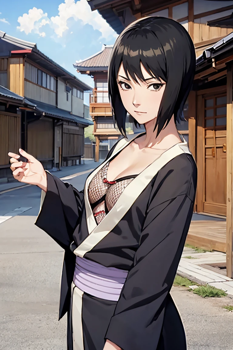 Anime style, masterpiece, best quality, shizune, black kimono, No bra, (small breasts),  looking at viewer, slight smile, Neckline, She's not wearing a shirt underneath, japanese architecture, outdoors, sky, realistic