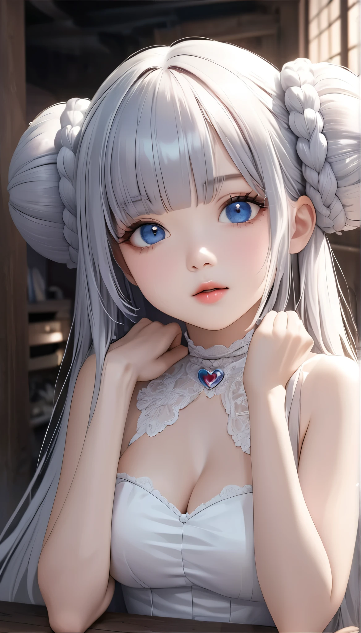 cute magical girl, (double bun, blunt bangs, silver straight long hair), amorous and lewd face, make-up, blue eyes, great proportion, white gothic bare top dress, choker, both hands above head, background dimly lit basement, (ultra detailed, absolutely resolution, best quality:1.3), 2.5D, delicate and dynamic, artistic photography, hyper realistic, graphic CG digital cartoon-style art