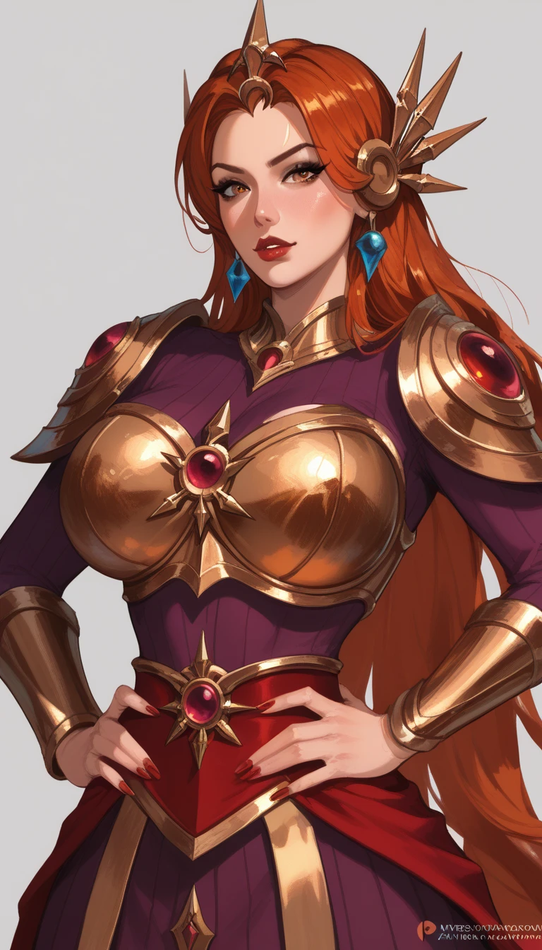 Leona from League of legends, huge breasts, fierce gaze, hands on waist, half body portrait, maroon and gold armor