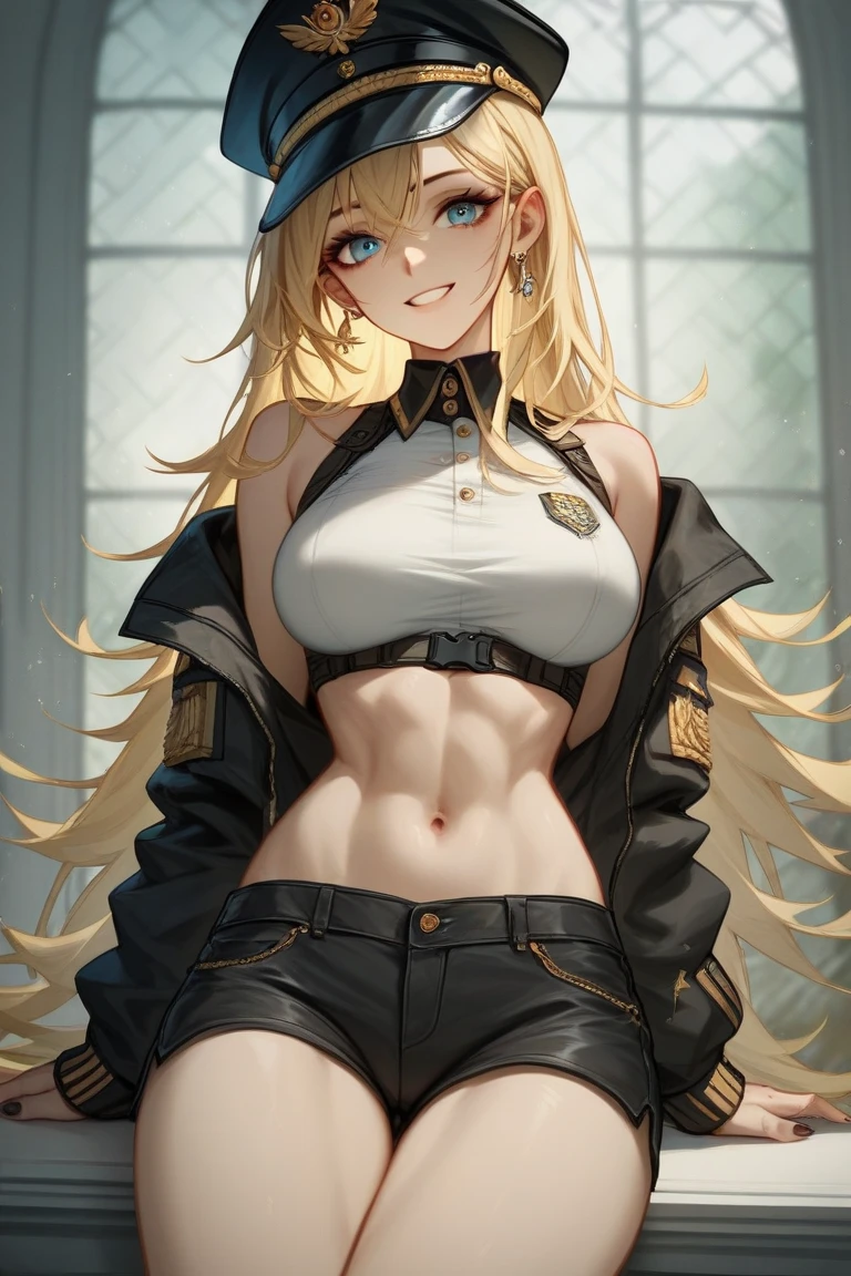1girl, solo, blonde hair, blue eyes, long hair, large breasts, solo, mall, shopping center,indoors, blush, lipstick, jewelry, earrings, Hot girl, baddie, mean girl, sensual, attractive, masterpiece, best quality, highly detailed, a girls with a gun, evil smile , open mouth, sexy gaze, badass
pose , evil smile, smile, (nsfw) not safe for work, guns blazing, anime girl with long hair, beautiful long
haired girl, navel, evil expression, exposed belly, exposed navel, exposed midriff, exposed lower belly,
long black pants, crop top, cleavage, unbuttoned leather pants ,open fly, low rise black leather pants,
leather jacket, holding a gun, holding pistol
