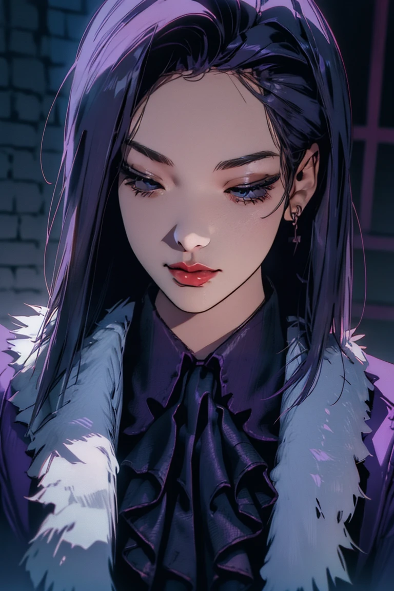 1 Girl, Yun Jin Lee, dead by daylight, Light Purple Straight Hair, White Faux Fur Short Shrug Jacket, Purple Tie Neck Ruffle Trim Satin Blouse, light smile, close up, 