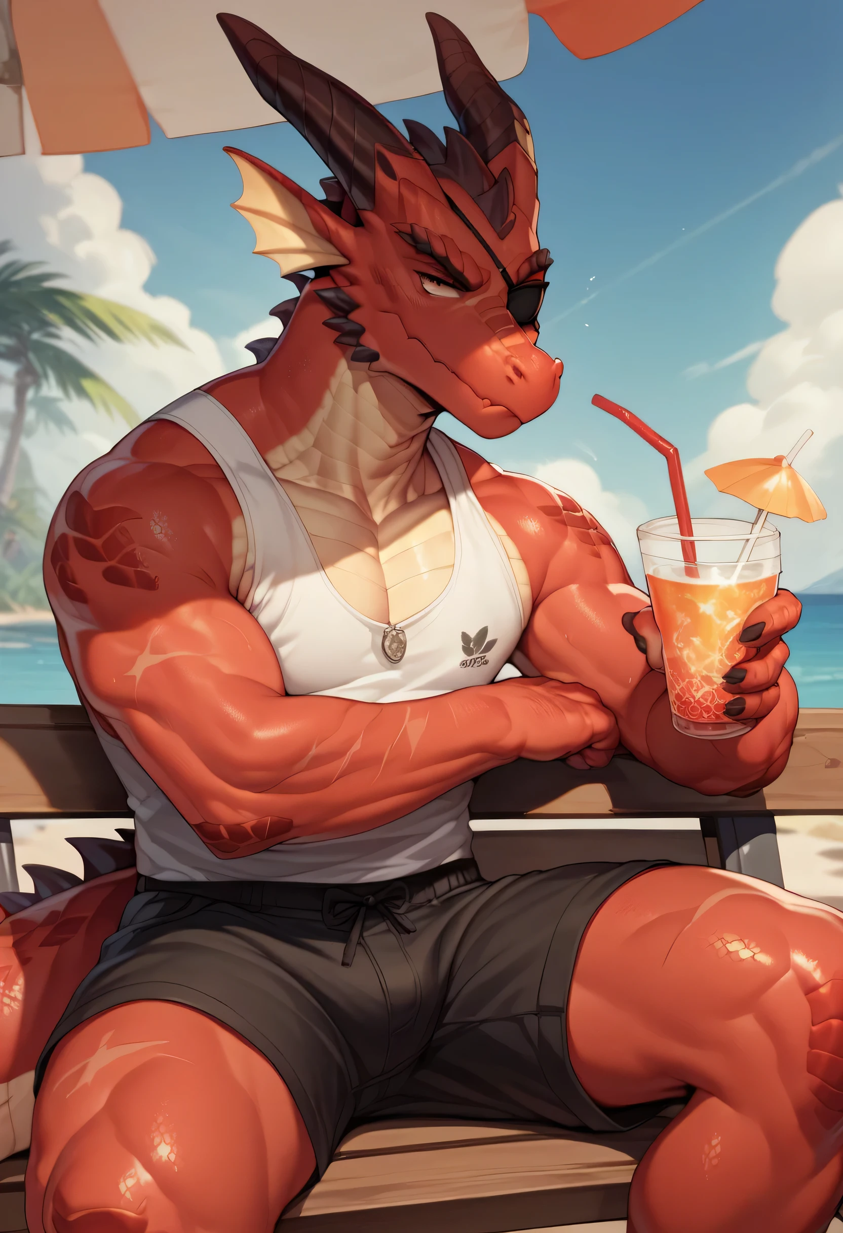 Masterpiece, Anthropomorphic red dragon, hairless, blue eyes, Red dragon scales, 1 cola, fit muscular body, good looking, Beach clothes, smiling, sunset view