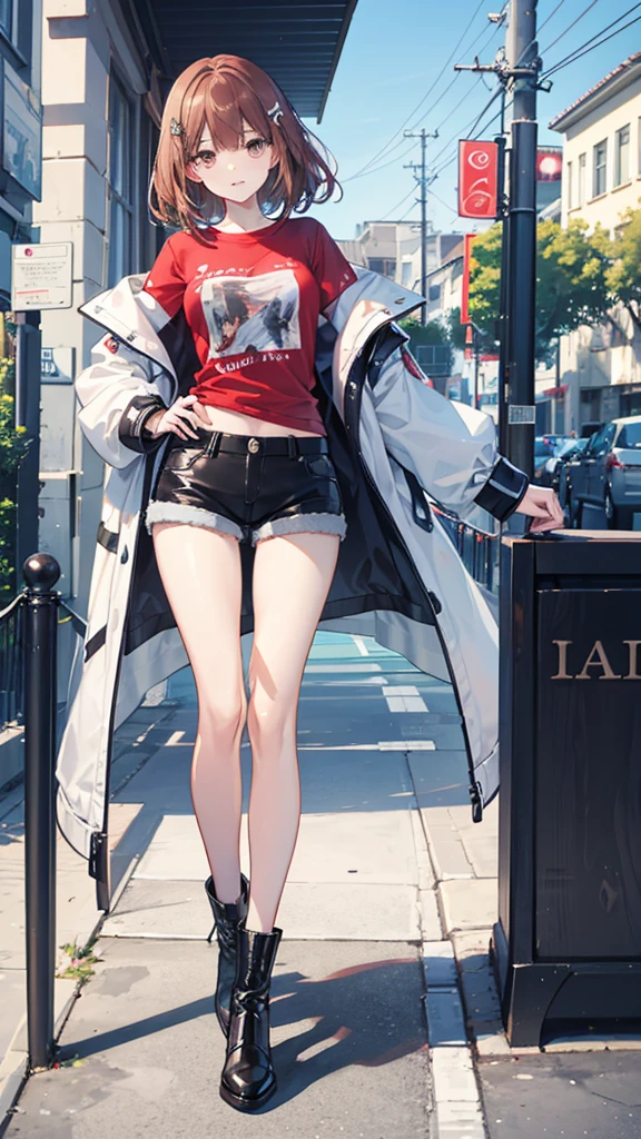 masterpiece,  best quality,Cool beautiful girl, slim figure、 SOFT WHITE COAT,Sky Blue T-Shirt、 black hotpants,Leather boots、Cool Summer,Slightly pale skin,Bright brown eyes,Red brown hair color(Semi-D), hairpin