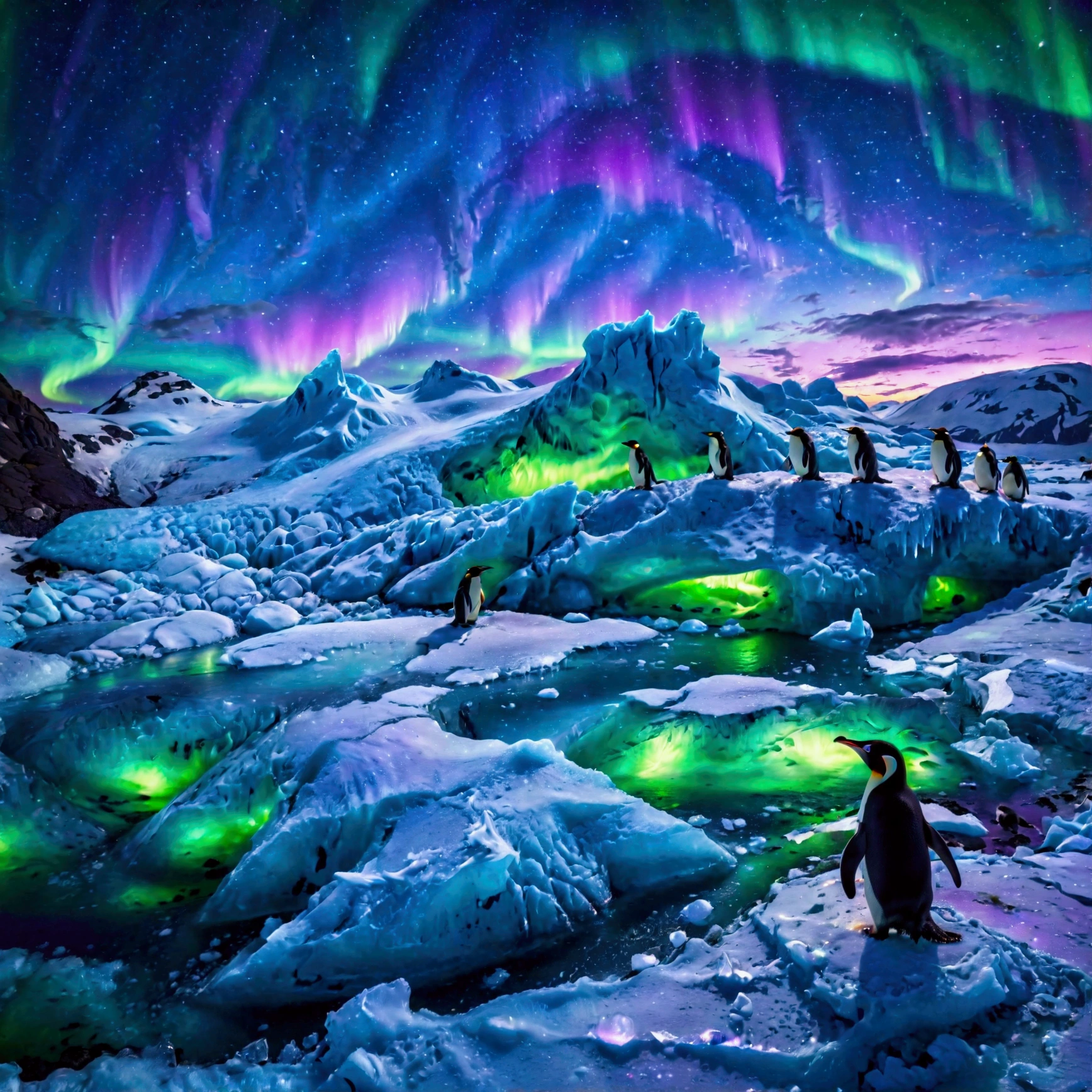 A stunning nighttime scene of a glacier bathed in the glow of a flowing aurora, with penguins adding a playful accent. The aurora swirls across the dark sky in vibrant hues of green, blue, and purple, casting a magical light on the icy landscape. The glacier appears vast and majestic, with sharp ice formations reflecting the aurora’s glow. A group of penguins stands at the edge of the glacier, their silhouettes contrasting beautifully against the shimmering lights. The scene is serene and otherworldly, with soft brushstrokes emphasizing the icy textures and ethereal colors of the aurora, (aurora, glacier, vibrant night sky, green, blue, purple hues, penguins, icy landscape, shimmering lights, majestic glacier, soft brushstrokes, serene, magical, otherworldly, ethereal colors, sharp ice formations)