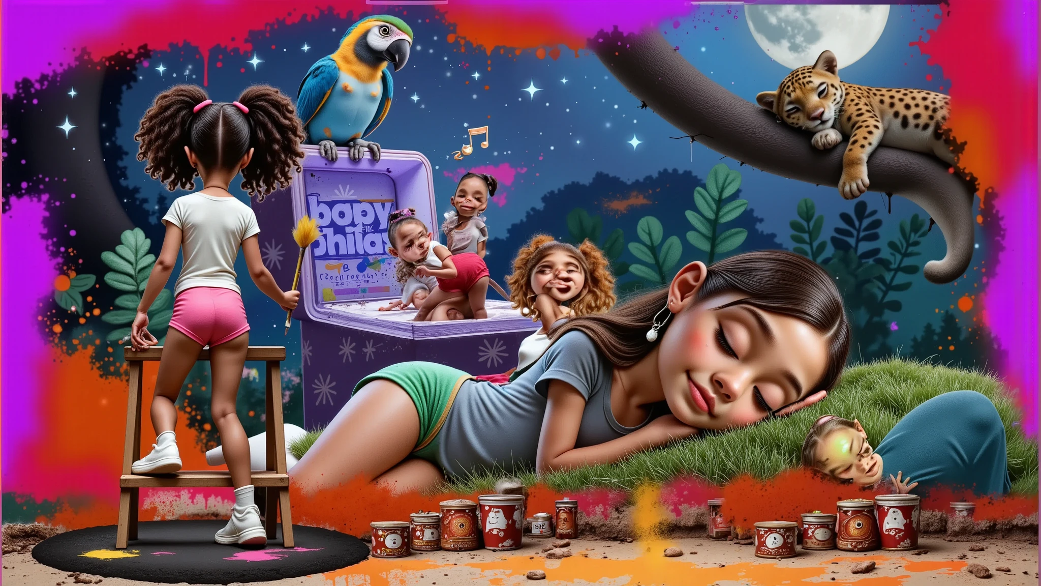 Inspired by Disney Pixar characters and films, create the image of
A  GIRL, with curly Afro-descendant hair tied in two ponytails, wearing a white t-shirt without any print, very short shorts, sensual and attractive pink, white socks up to her knees and white sneakers, everything white in her is dirty with paint without exception, including her t-shirt and socks. She is 1.35 tall, she is a , but she is sensual, attractive, charming, bold, depraved, BEAUTIFUL, THIN, SENSUAL, PRE-ADOLESCENT BODY, -YOUNG, ATTRACTIVE, 1.35 TALL, LIGHT BROWN SKIN, FILMED FROM THE BACK ON A TWO-STEP LADDER WITH A BRUSH IN HER HAND, she paints a  girl with straight and long black hair down to her waist, light brown skin lying on the grass wearing a colorful feather as an earring, a white t-shirt and shorts. very short green, on the upper right side a jaguar sleeps, leaning on its back a golden lion tamarin sleeps, in the blurred background we have a giant music box where a baby in a diaper plays music and a blue macaw sleeps, it is an environment that represents the starry night with a blue moon in the Amazon forest