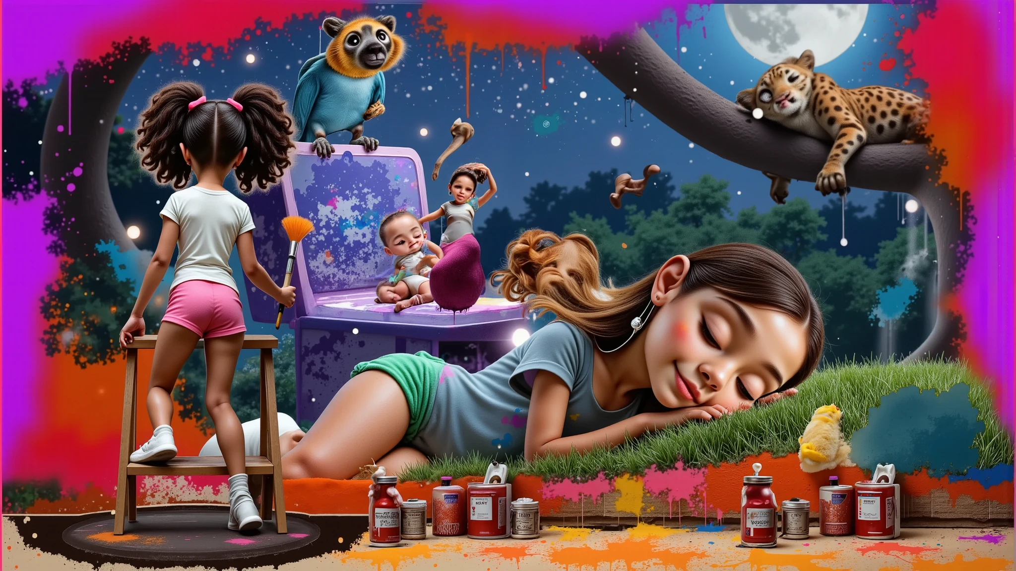 Inspired by Disney Pixar characters and films, create the image of
A  GIRL, with curly Afro-descendant hair tied in two ponytails, wearing a white t-shirt without any print, very short shorts, sensual and attractive pink, white socks up to her knees and white sneakers, everything white in her is dirty with paint without exception, including her t-shirt and socks. She is 1.35 tall, she is a , but she is sensual, attractive, charming, bold, depraved, BEAUTIFUL, THIN, SENSUAL, PRE-ADOLESCENT BODY, -YOUNG, ATTRACTIVE, 1.35 TALL, LIGHT BROWN SKIN, FILMED FROM THE BACK ON A TWO-STEP LADDER WITH A BRUSH IN HER HAND, she paints a  girl with straight and long black hair down to her waist, light brown skin lying on the grass wearing a colorful feather as an earring, a white t-shirt and shorts. very short green, on the upper right side a jaguar sleeps, leaning on its back a golden lion tamarin sleeps, in the blurred background we have a giant music box where a baby in a diaper plays music and a blue macaw sleeps, it is an environment that represents the starry night with a blue moon in the Amazon forest