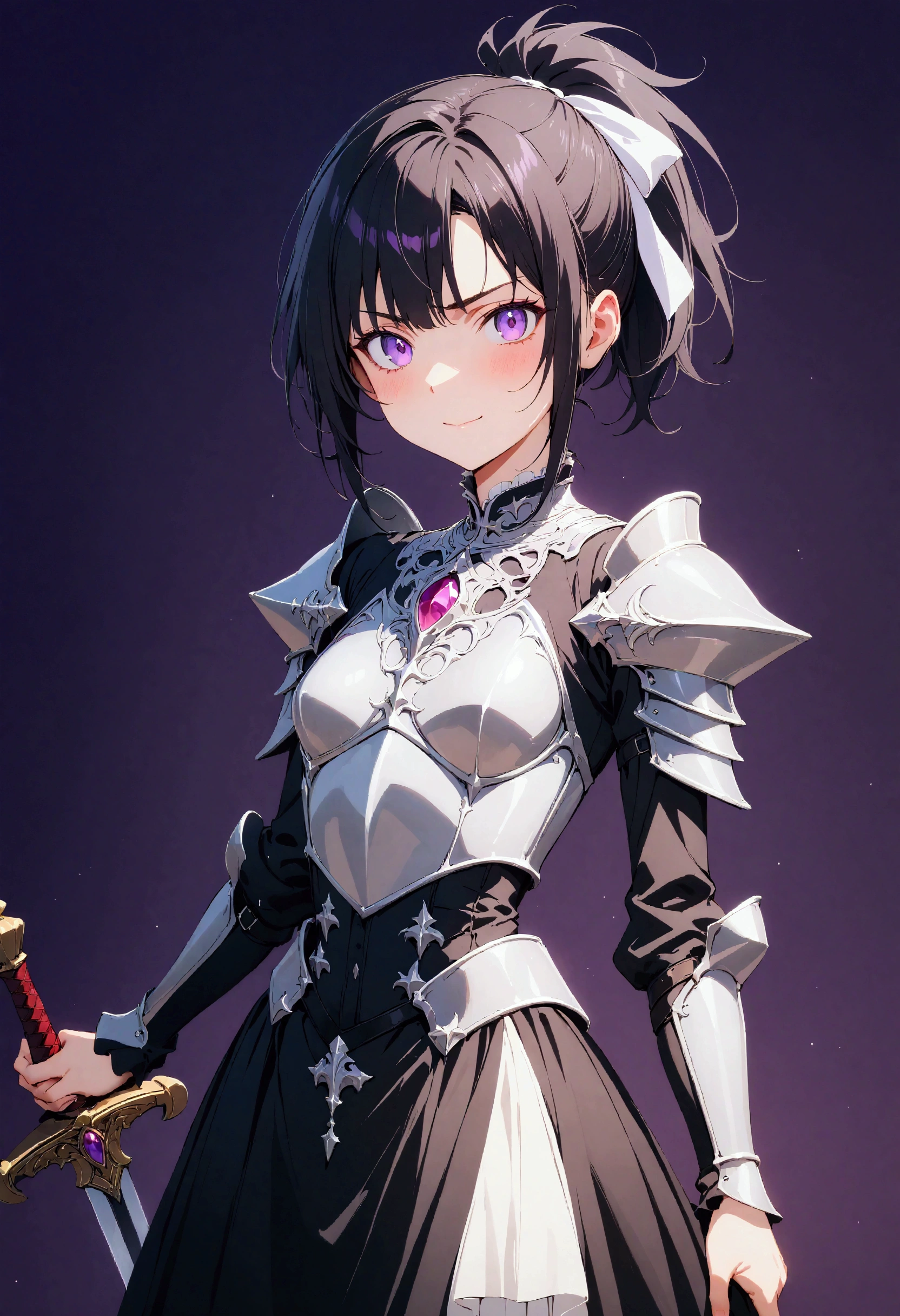 (masterpiece),(absurdres),(Simple purple background:1.5),(solo lady,(23-year-old),shiny black hair,shiny purple eyes,short highponytail,(1white ribbon;1.1),(flat breast:0.7),(silver detailed armor:0.5),(Gothic dress:1.3),smile,grabs Sword,cowboy shot,serious:0.7,