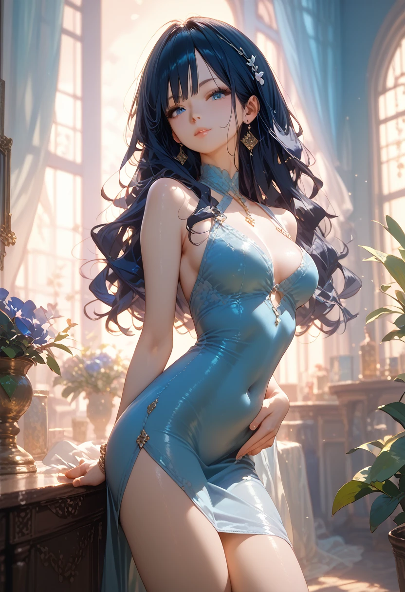 ((masterpiece, best quality)),
St. Louis (Luxury Wheels) , high resolution, highest quality, illustration, cinematic light, super detailed, detailed face, (detailed eyes), best quality, super detailed, masterpiece, (detailed face), room, hair accessory, earrings, necklace, portrait, dress, highest detail, glowing eyes, (hotel:1.2), sitting on bed, sitting, bed, window, night sky, backlight, light, (high contrast), (color),