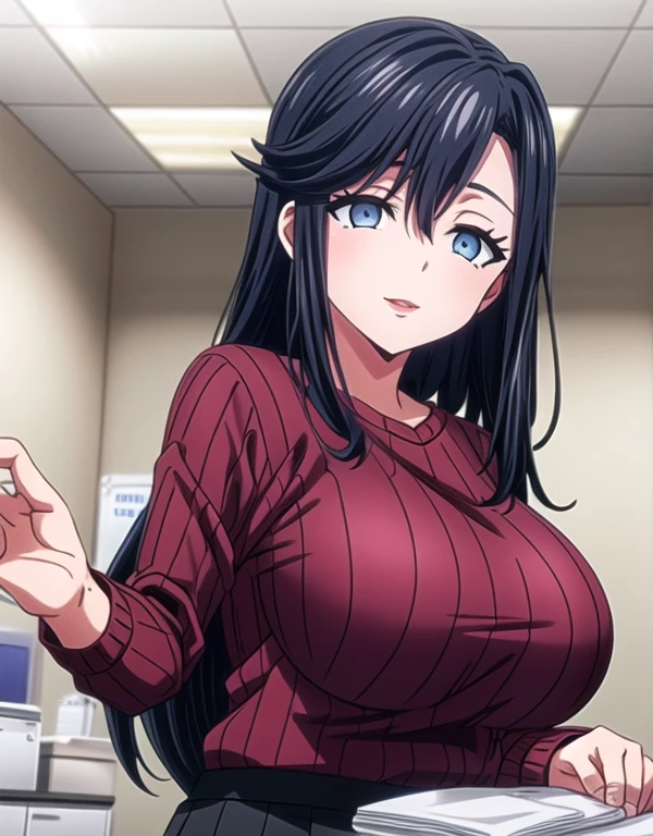 Saori_car ,long hair,Saori_car ,black hair,(Pink Eye),A delicate smile,hair between eyes,lipstick,lips,(Sparkling red ribbed sweater:1.1),Sparkling black skirt,( Big Breasts :1.55),(Sparkling,hair),((Alone)),((masterpiece)),((  best quality)),perfect anatomy,  Slim Waist  , Perfect photo,  8K HD Streaming ,(  beautiful detailed eyes:1.5), Light blue underwear for a very pretty face,  standing ,(  upper body:1.25),(  front desk at the small clinic :1.5),  Hand Bound to Back  ,  super detailed,  absurd,ultra-highres,  office room,indoor,Bad face