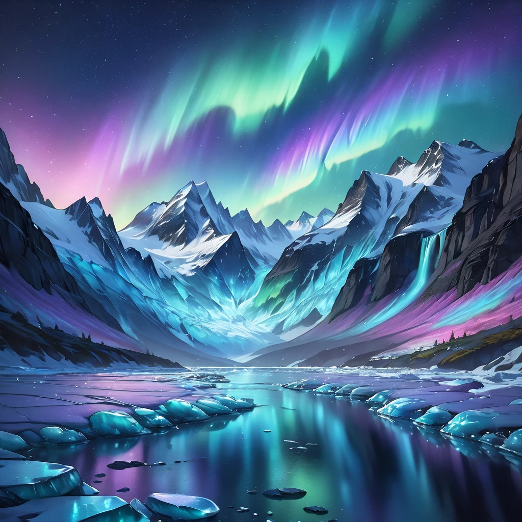 a breathtaking Aurora Borealis lighting up the sky over a majestic glacier, Purple-blue-green gradient aurora, detailed landscape, Snowflakes and stars background, Blur, dramatic lighting, blurry background art, cinematic composition, dramatic sky, glowing northern lights, serene glacier, detailed ice formations, bokeh, (best quality, 8k,highres, masterpiece:1.2), ultra-detailed, (realistic,photorealistic:1.37)