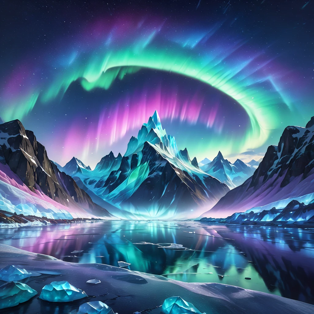 a breathtaking Aurora Borealis lighting up the sky over a majestic glacier, Purple-blue-green gradient aurora, detailed landscape, Snowflakes and stars background, Blur, dramatic lighting, blurry background art, cinematic composition, dramatic sky, glowing northern lights, serene glacier, detailed ice formations, bokeh, (best quality, 8k,highres, masterpiece:1.2), ultra-detailed, (realistic,photorealistic:1.37)