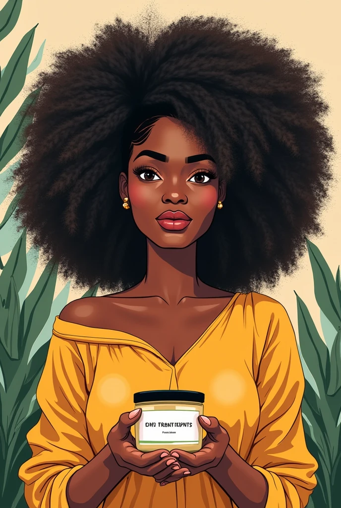 A coloring logo for a cream brand. It features a Brazilian woman with curly hair holding a hair cream in her hand. (create in drawing form)