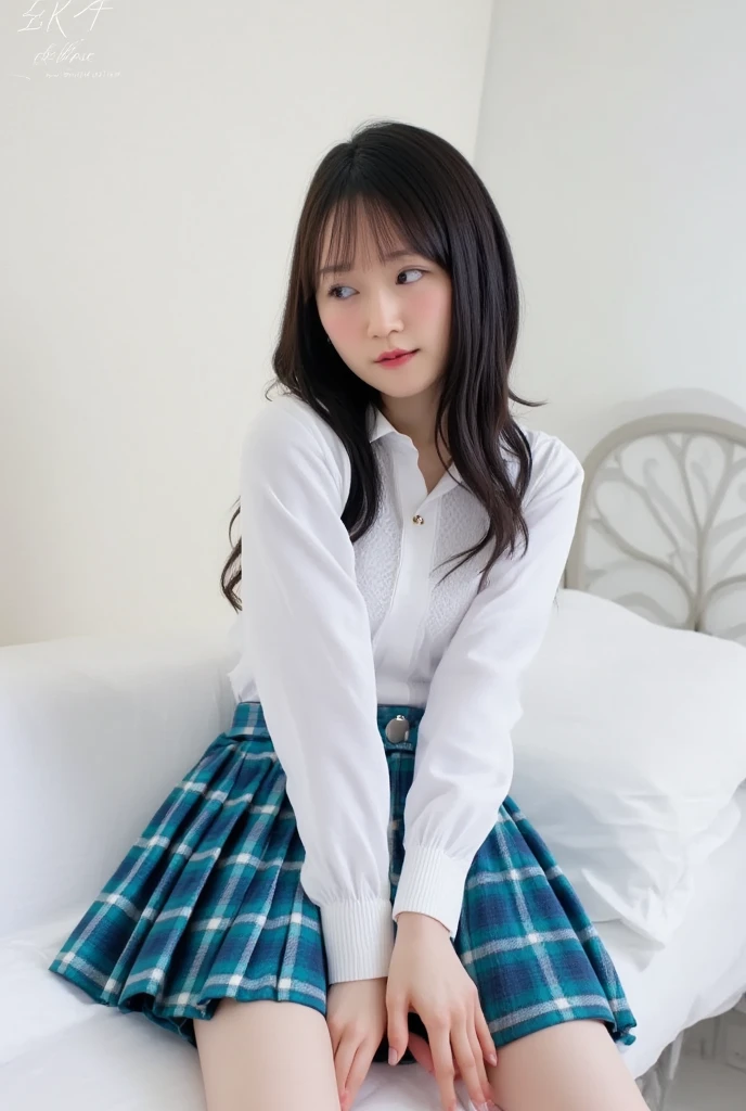 32K,   best quality, masterpiece, Realistic,   super detailed,    photograph,   High Definition  , Alone、 (barefoot、  white blouse  、  blue plaid pleated skirt)、( foot:1.3)、((The upper body is wearing a uniform))、(((((  looking at the camera )))))、(((whole body)))、((( thigh)))、bedroom、  on the bed、  is sitting、((  focus on crotch  )),  real skin texture,
  nudes,

