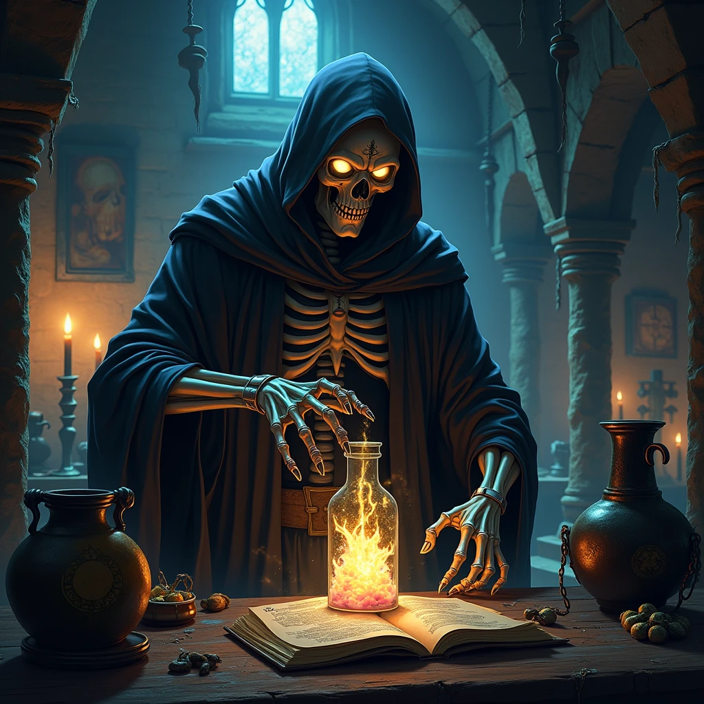 (masterpiece, best quality), skeleton sitting at a table with a cup of tea and a cigarette, necromancer sitting at table, spell casting wizard, portrait of the old necromancer, flasks, bottles, with black magic powers, an arcane wizard casting a spell, witch - doctor, chaos magick, modern occultist, intricate artwork, beatiful artwork
