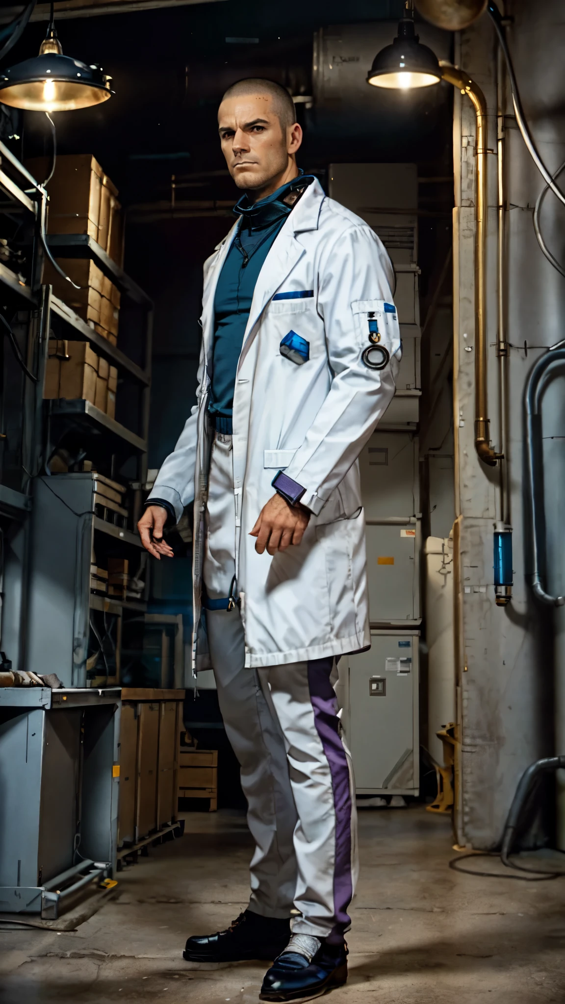 (masterpiece:1.2, best quality:1.2, extremely delicate:1.2), ((male:1.5)), a man with crew cut, calm and rational expression, thick eyebrows, wise gaze, a futuristic sci-fi-style high-collar scientist coat, the color scheme is primarily white with blue and purple accents, matching utility pants, the background is a mysterious ancient civilization laboratory with many huge culture tanks that glow green, this character embodies a finely crafted futuristic sci-fi-style scientist in anime style, exquisite and mature Manga art style, dramatic, high definition, highres, ultra-detailed, ultra-fine painting, professional, perfect body proportions, golden ratio, anatomically correct, symmetrical face, extremely detailed eyes and face, high quality eyes, creativity, RAW photo, UHD, 32k, Natural light, cinematic lighting, (masterpiece-anatomy-perfect:1.2)