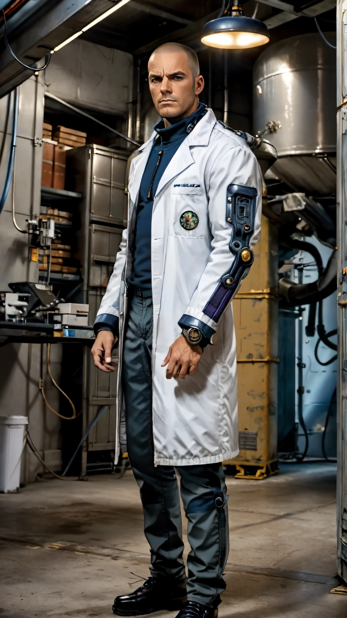 (masterpiece:1.2, best quality:1.2, extremely delicate:1.2), ((male:1.5)), a man with crew cut, calm and rational expression, thick eyebrows, wise gaze, a futuristic sci-fi-style high-collar scientist coat, the color scheme is primarily white with blue and purple accents, matching utility pants, the background is a mysterious ancient civilization laboratory with many huge culture tanks that glow green, this character embodies a finely crafted futuristic sci-fi-style scientist in anime style, exquisite and mature Manga art style, dramatic, high definition, highres, ultra-detailed, ultra-fine painting, professional, perfect body proportions, golden ratio, anatomically correct, symmetrical face, extremely detailed eyes and face, high quality eyes, creativity, RAW photo, UHD, 32k, Natural light, cinematic lighting, (masterpiece-anatomy-perfect:1.2)