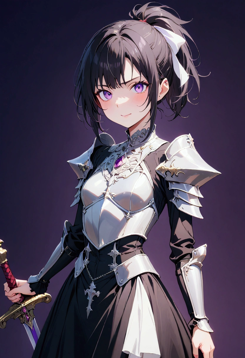 (masterpiece),(absurdres),(Simple purple background:1.5),(solo lady,(23-year-old),shiny black hair,shiny purple eyes,short highponytail,(1white ribbon;1.1),(flat breast:0.7),(silver detailed armor:0.5),(Gothic dress:1.3),smile,grabs Sword,cowboy shot,serious:0.7,