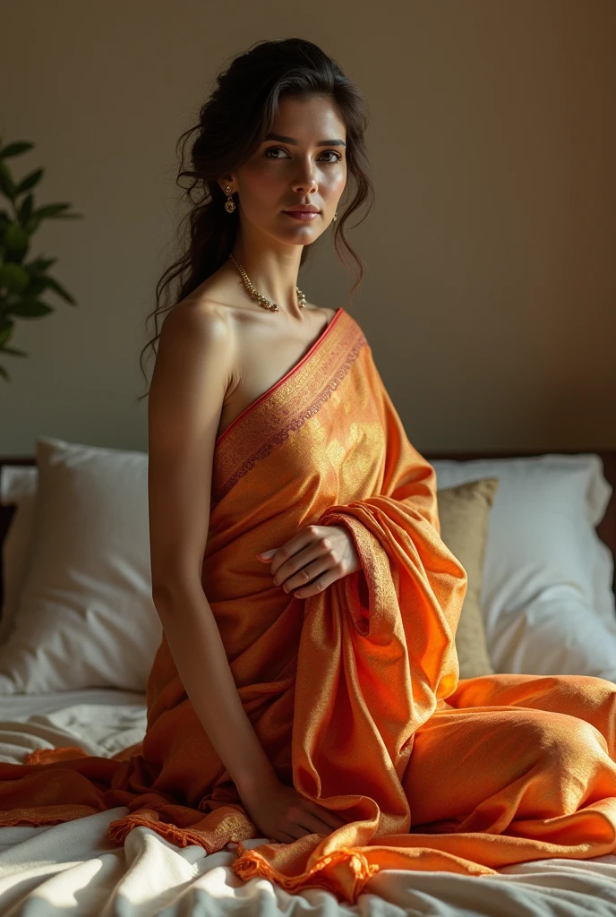 a beautiful woman in saffron saree head to leg full body displayed of her in a morgue bed