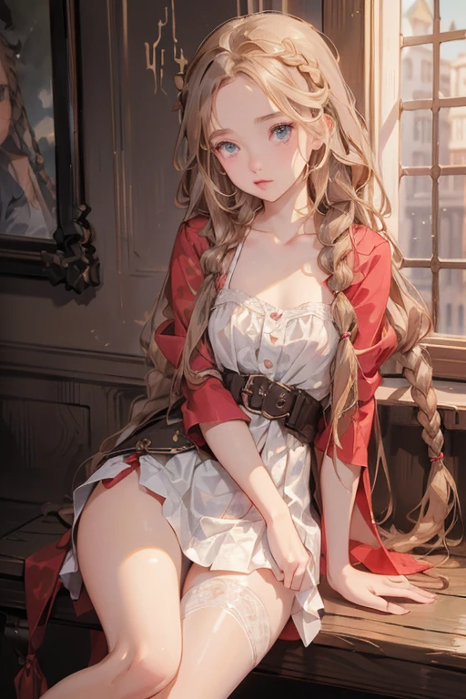 ((best quality)), ((masterpiece)), (detailed), 1girl, off-shoulder baggy sweater,clothes too big, exposing,(little chest),(big forhead:1.2),(beautiful big eyes:1.3),extremely detailed cute anime face, (((flat chest))),((((long twin braids,tight braids,long braid,braided hair,long hime cut,colored inner hair)))),intricate eyes,beautiful detailed eyes,symmetrical eyes,(((detailed face))),beautiful detailed lips,(nsfw)), ((downblouse, upskirt)),(baggy, sagging clothes, upskirt, downblouse), dynamic pose,looking at viewer, (((embarrassed))),(horrified expression),(crying),highres,(best quality),(ultra detailed,extremely detailed),perfect face details, ((masterpiece:1.4, best quality))+, (ultra detailed)+, long twintails, cute girl,blue clothes, (flat chest:1.3), NSFW, small breasts, prominent collarbones, skinny arms, flat stomach, visible hip bones, long hair, red hair, white hair, blonde hair, dark hair, ponytail, thick ponytail, heavy ponytail, small breasts, NSFW, perfect face, NSFW Fluttering lace flared dress with frilly petticoats, pleated petticoats, lolita dress, petticoats gothic lolita, complex lace boots, side-lighting, gothic lolita aesthetic, NSFW, beautiful small breasts, small breasts