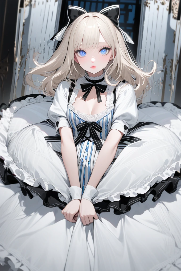 style image of a woman with blue eyes sitting on a bed, beautiful alluring woman, seductive girl, extremely detailed artgerm, gothic maiden anime girl, beautiful woman, ahegao, beautiful girl,  in dress, clean detailed art, range murata and artgerm,goddess, blonde girl with long hair
