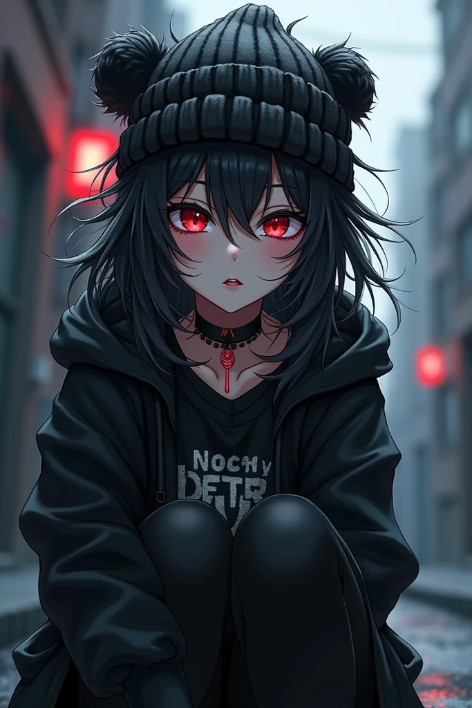 (monochromatic:1.5),1girl,depressed,tired,(shiny glowing red eyes:1),(deep black hair),(black mascara:1.2),(smeared black mascara:1.2),bob,lip,pale skin,tired appearance,skiny,close-up portrait,(black hoodie),realistic,(street),(rain),sidelighting,wallpaper,wet clothing,wet hair,<lora:more_details:0.5>