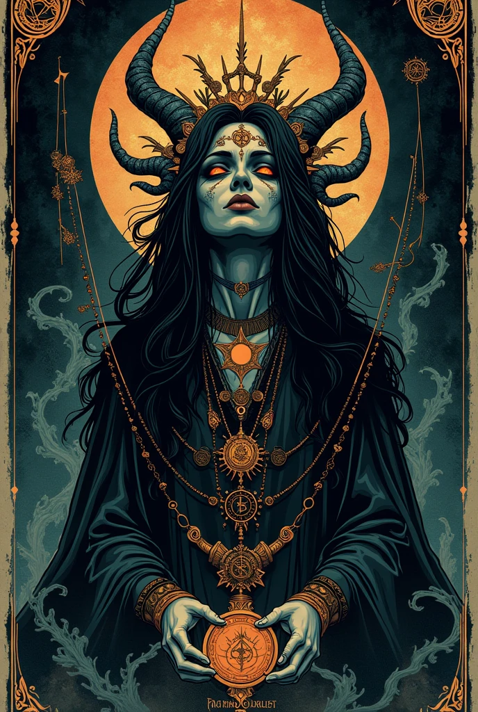 Illustration for the album cover, with a black metal frame, a scary female figure with ram horns and a crown, some satanic symbols around it, a small circle around the image, high resolution