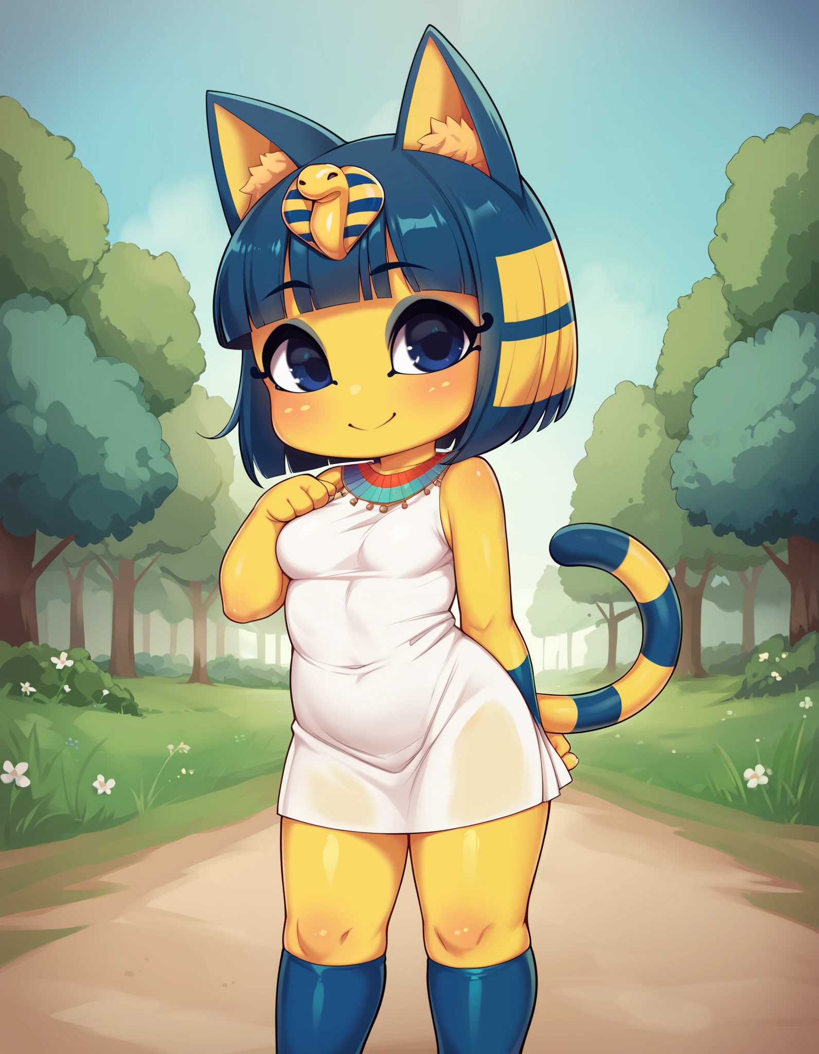 score_9, score_8_up, score_7_up, source_anime, rating_safe, best quality, masterpiece,  
BREAK
ankha (animal crossing), 1girl, ;3, animal ears, standing, looking at viewer, blue eyes, blue hair, cat ears, cat tail, closed mouth, colored skin, female focus, looking at viewer, outdoors, short hair, medium breasts, smile, solo, standing, tail, thighs, yellow skin, white dress, female focus, outdoors
