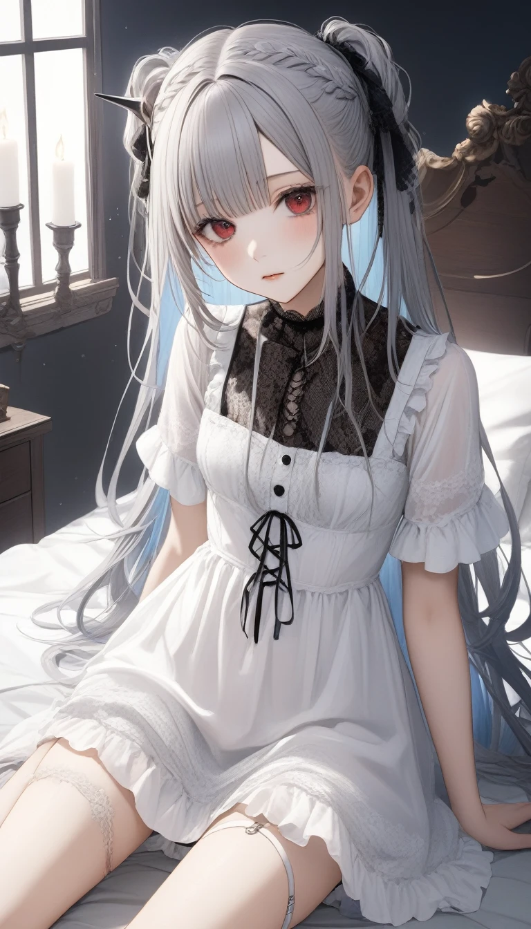1girl, 18 years old, long white hair, white eyes, white short nightgown, princess death, skull hair clip, drawing a skull, in bedroom.