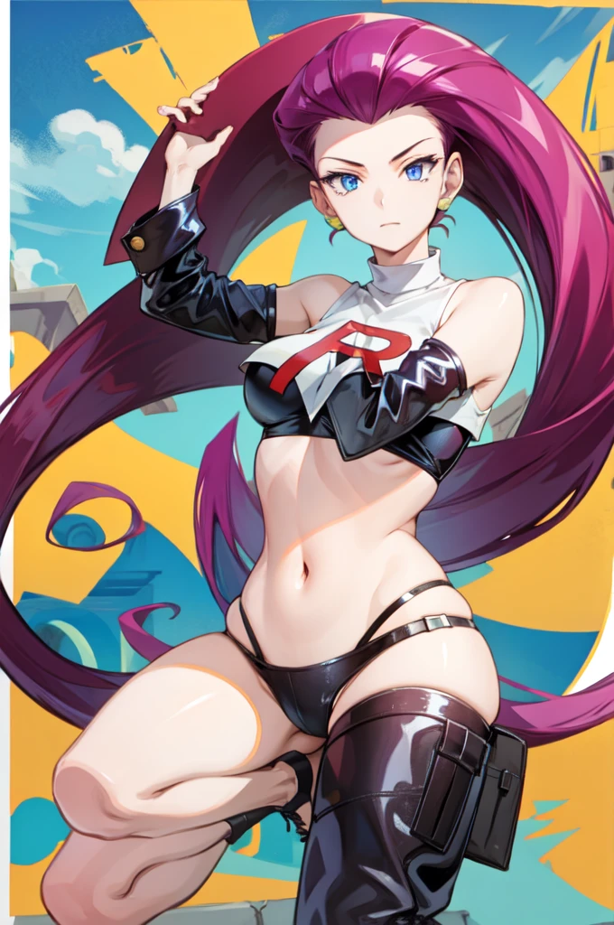 Crea una mujer al estilo de hunter x hunter, con el pelo de color negro, ojos color avellana y que su cara sea como la de jennie de blackpink. Su cuerpo sea como el de nami de one piece, use la parte de arriba de un bikini negro y un jeant azul de tiro bajo