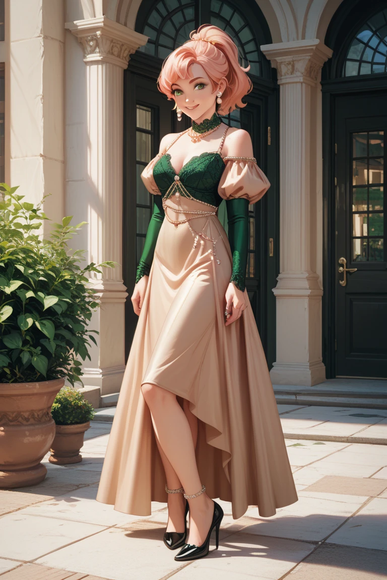 ((best quality)), ((masterpiece)), (detailed), absurdres, ((1 girl)), 1girl, solo, 4k, glamour photo of a short heavyset chubby green goblin girl wearing a large gorgeous bright yellow flowing ballgown, (black hair), (green skin:1.4), yellow eyes, freckles, shy, bashful, soft lighting, romantic lighting, wearing ornate ball gown, at a nighttime palace garden party in the Bridgerton tv show, disney princess dress, starring in Bridgerton, white pantyhose, yellow high heels, jewelry, g0wn, gown, yellow gown, bare shoulders, elbow gloves, voluminous, cleavage, looking at viewer, jewelry, gold necklace, (small ears), night, moonlit, dark, sexy, shy