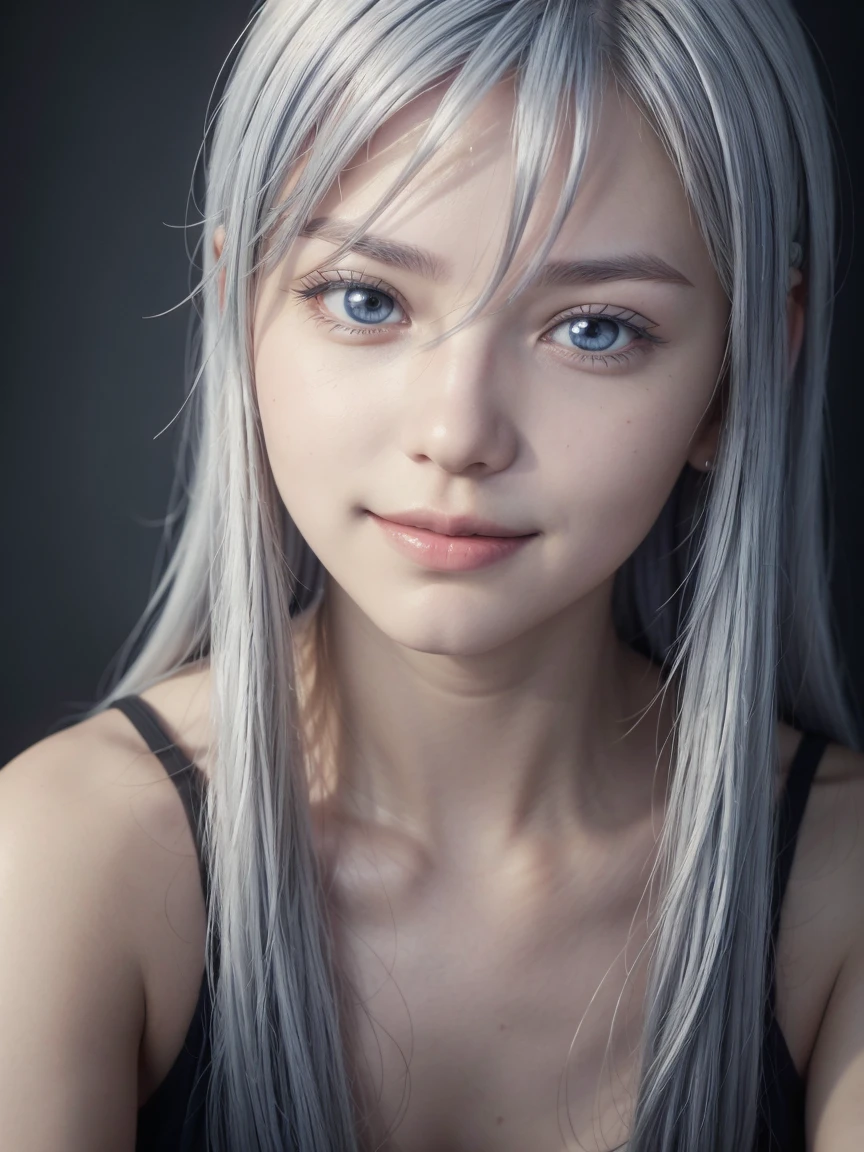 portrait photo, (perfect face), strong gaze, perfect, silver blue hair, upper body, lewd smile
