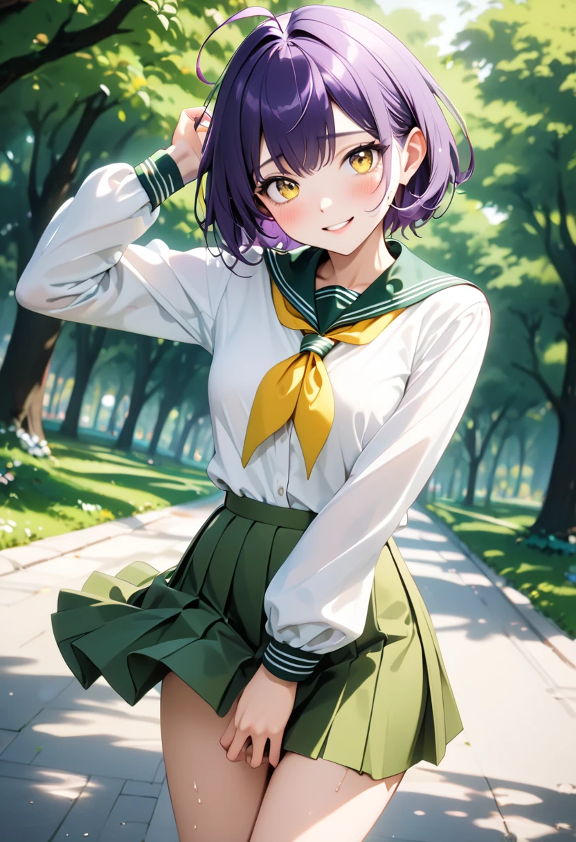 ((utenaxl, short hair, purple hair, ahoge, yellow eyes, green serafuku, white shirt, yellow neckerchief, long sleeves, pleated skirt, green skirt, long skirt, school uniform)), Shiny Costumes, skinny, alone, solo, Masterpiece, highest quality, highest quality, 16K, incredibly absurd, highly detailed, 2.5D, ai-generated, delicate and dynamic, very delicate facial expressions, delicate eye depiction, erotic, only sexy woman, ((A cute and kind face)), healthy figure, ((1 woman)), 160cm tall, ((medium firm swaying bust)), medium breasts, blush, Sweat,Embarrassed,sexy, ((thin thighs)), shiny and lustrous, (smile), (camel toe:0.5), (visible nipples:0.5), (Erect nipples:0.5), ((dutch angle)), ((erotic pose)), (((Dynamic Pose))), In the park,