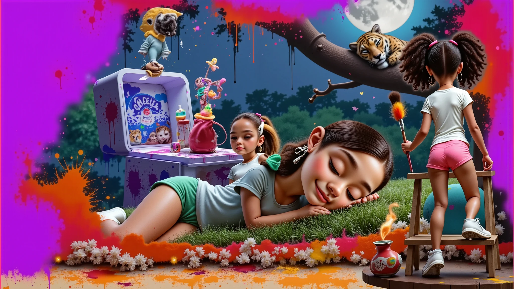 Inspired by Disney Pixar characters and films, create the image of
A  GIRL, with curly Afro-descendant hair tied in two ponytails, wearing a white t-shirt without any print, very short shorts, sensual and attractive pink, white socks up to her knees and white sneakers, everything white in her is dirty with paint without exception, including her t-shirt and socks. She is 1.35 tall, she is a , but she is sensual, attractive, charming, bold, depraved, BEAUTIFUL, THIN, SENSUAL, PRE-ADOLESCENT BODY, -YOUNG, ATTRACTIVE, 1.35 TALL, LIGHT BROWN SKIN, FILMED FROM THE BACK ON A TWO-STEP LADDER WITH A BRUSH IN HER HAND, she paints a  girl with straight and long black hair down to her waist, light brown skin lying on the grass wearing a colorful feather as an earring, a white t-shirt and shorts. very short green, on the upper right side a jaguar sleeps, leaning on its back a golden lion tamarin sleeps, in the blurred background we have a giant music box where a baby in a diaper plays music and a blue macaw sleeps, it is an environment that represents the starry night with a blue moon in the Amazon forest