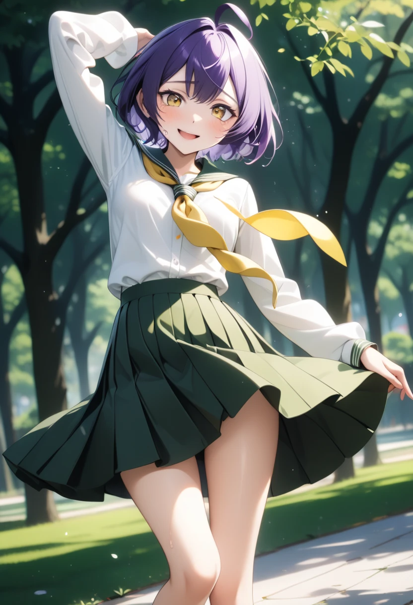 ((utenaxl, short hair, purple hair, ahoge, yellow eyes, green serafuku, white shirt, yellow neckerchief, long sleeves, pleated skirt, green skirt, long skirt, school uniform)), Shiny Costumes, skinny, alone, solo, Masterpiece, highest quality, highest quality, 16K, incredibly absurd, highly detailed, 2.5D, ai-generated, delicate and dynamic, very delicate facial expressions, delicate eye depiction, erotic, only sexy woman, ((A cute and kind face)), healthy figure, ((1 woman)), 160cm tall, ((medium firm swaying bust)), medium breasts, blush, Sweat,Embarrassed,sexy, ((thin thighs)), shiny and lustrous, (smile), (camel toe:0.5), (visible nipples:0.5), (Erect nipples:0.5), ((dutch angle)), ((erotic pose)), (((Dynamic Pose))), In the park,