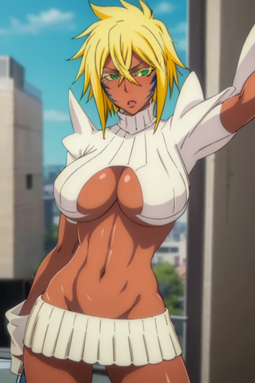  1 girl , chest, Tier Harribel,sweater, Haribel Animals  ,  big dildos next to short hair  ,  blonde hair  , Green Eyes, Dark Skin,  dark skinned woman  ,  Facial Markings  , Destroy Armor, Paul's  ,  skirt, ,  cutout, 