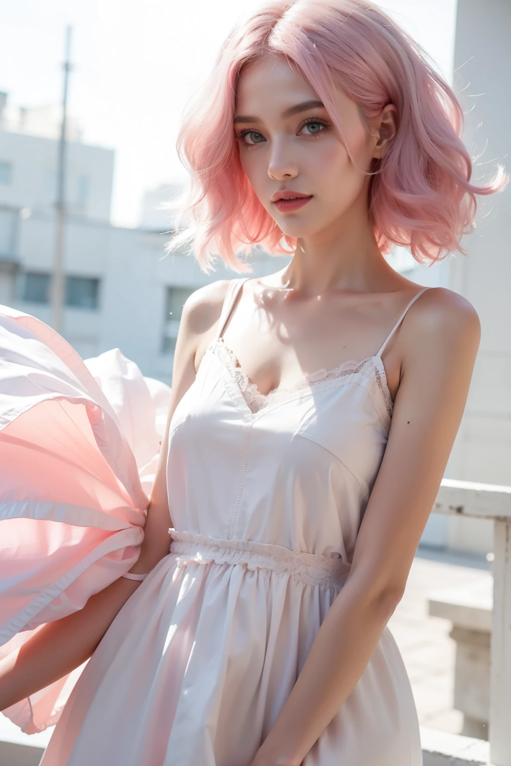 Light pink hair, Pink Eyes, Pink and white, Vibrant colors, White Dress, Paint splashes, Simple Background, Ray Tracing, Wavy Hair