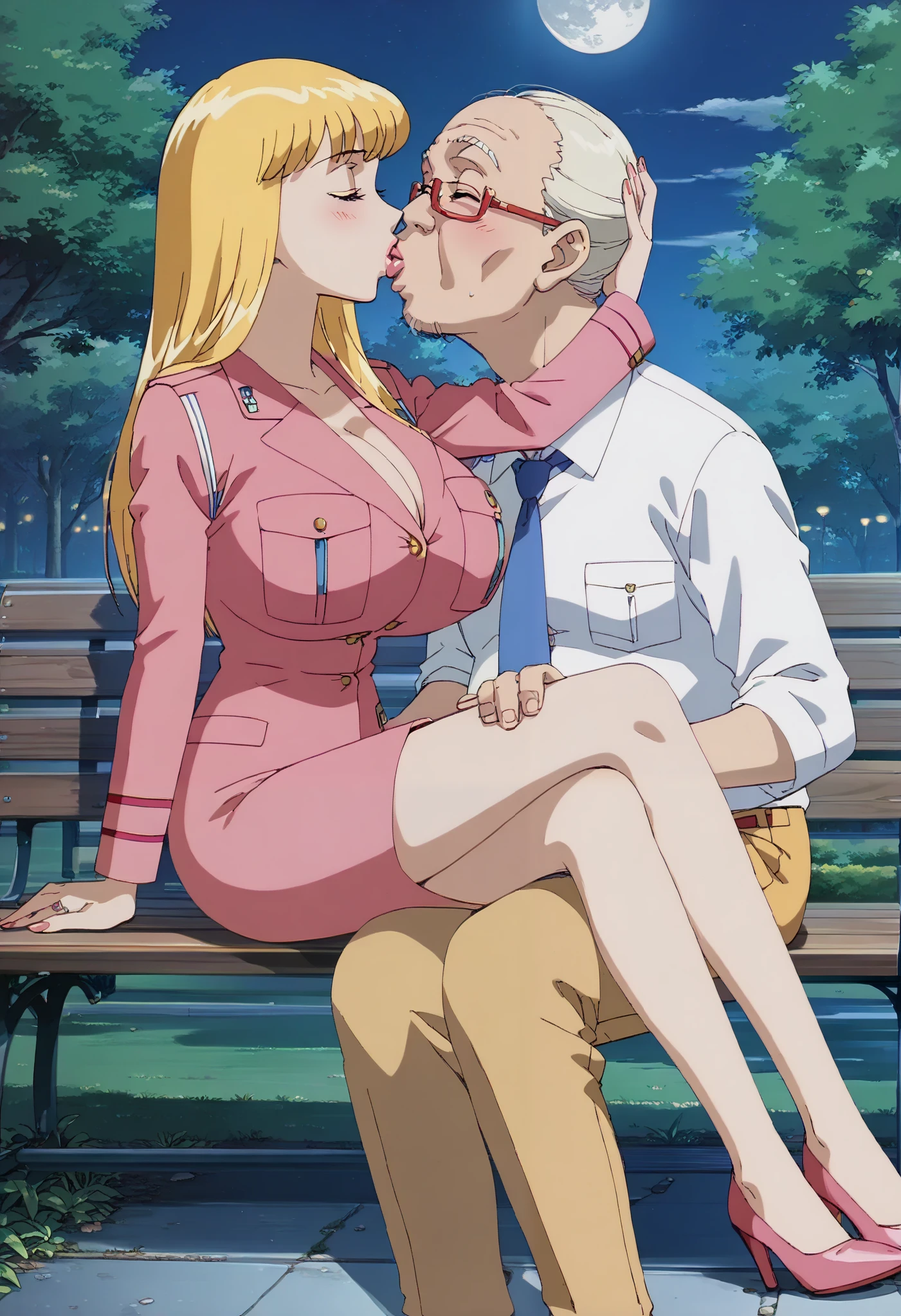 score_9, score_8_up, score_7_up, score_6_up, score_5_up, score_4_up, masterpiece, best quality, very aesthetic, absurdres, source_anime, anime screencap, 1990s \(style\), BREAK (1girl, 1skinny old man:1.5), solo, r3iko, very small head, blue eyes, blonde hair, long hair, ((((ultra huge breasts, ultra huge cleavage, ultra huge tits, ultra huge boob)))), curvy, long torso, wide hips, long sleeve, pink uniform, pencil short skirt, heels, (nsfw), (outdoors, in the park, grasses, trees, bench, lights, mid night time:1.2, dark atmosphere:1.55, moon:1.15), sitting on bench, ((closing eyes, lips kissing each other, face to face, hags each other, hold each other)), 