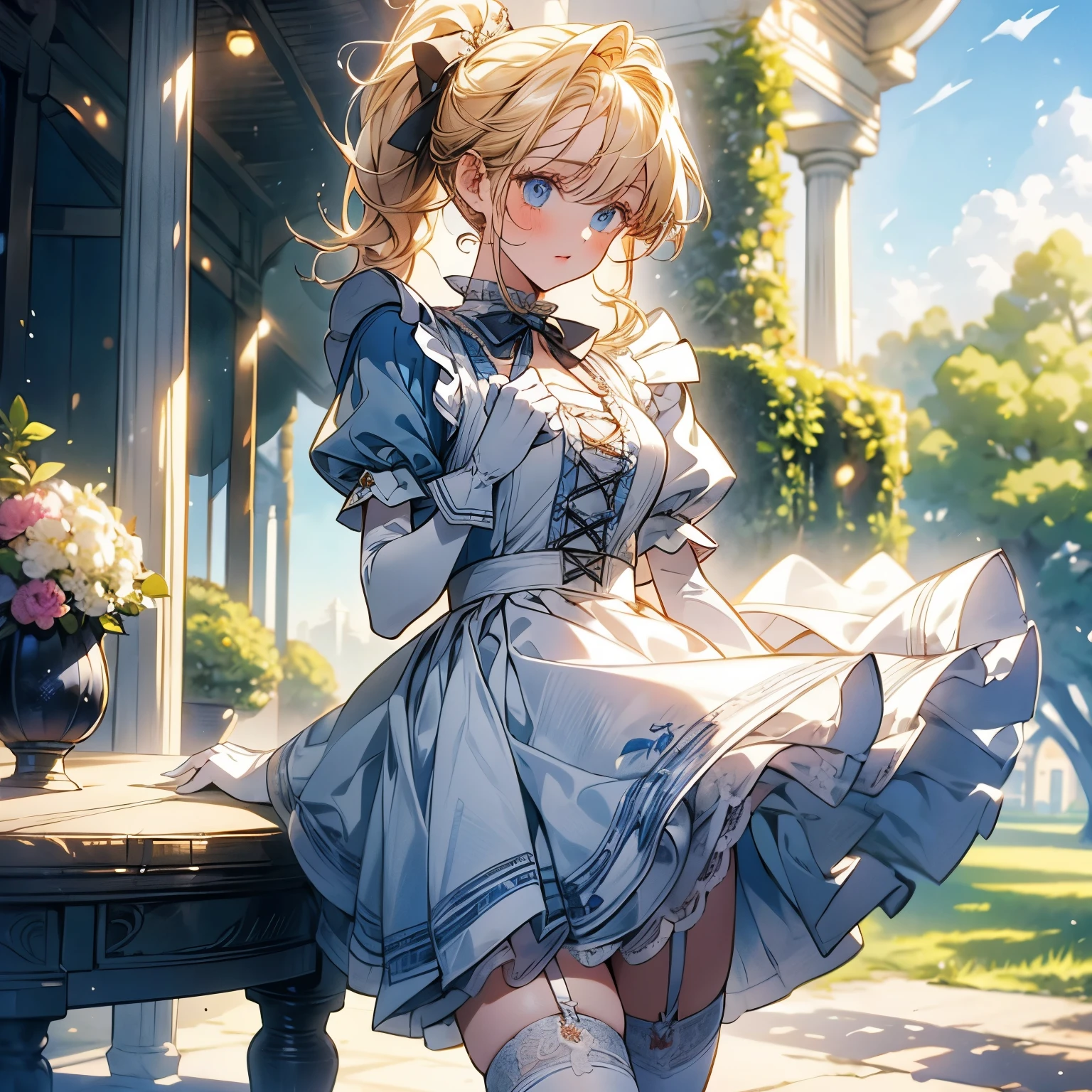 ((masterpiece) (((((Highest quality))))((High resolution))))), Very detailed, Ultra-realistic, 、blonde)、、、city、building、、(、Embarrassed face、、teeth 、Face looking back、From below、((Low Angle))、Maid、garden、No sleeve、Cowboy Shot、White panties