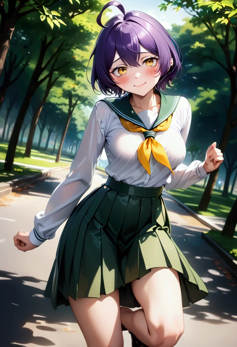 ((utenaxl, short hair, purple hair, ahoge, yellow eyes, green serafuku, white shirt, yellow neckerchief, long sleeves, pleated skirt, green skirt, long skirt, school uniform)), Shiny Costumes, skinny, alone, solo, Masterpiece, highest quality, highest quality, 16K, incredibly absurd, highly detailed, 2.5D, ai-generated, delicate and dynamic, very delicate facial expressions, delicate eye depiction, erotic, only sexy woman, ((A cute and kind face)), healthy figure, ((1 woman)), 160cm tall, ((medium firm swaying bust)), medium breasts, blush, Sweat,Embarrassed,sexy, ((thin thighs)), shiny and lustrous, (smile), (camel toe:0.5), (visible nipples:0.5), (Erect nipples:0.5), ((dutch angle)), ((erotic pose)), (((Dynamic Pose))), In the park,