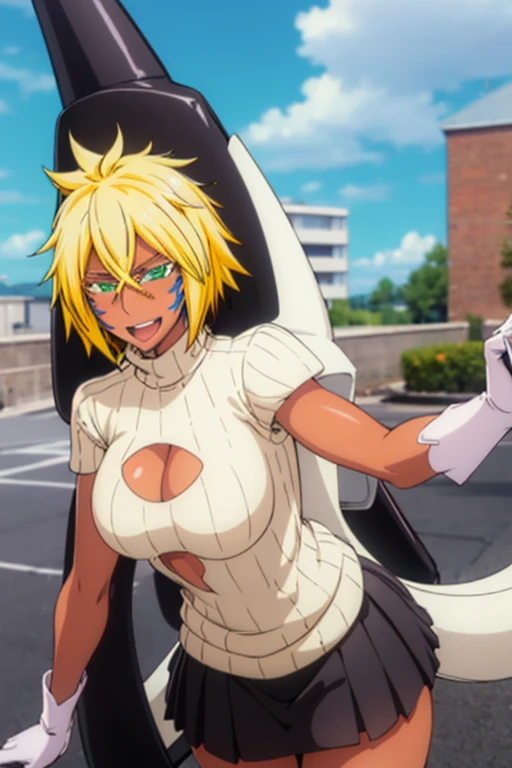  1 girl , chest, Tier Harribel,sweater, Haribel Animals  ,  big dildos next to short hair  ,  blonde hair  , Green Eyes, Dark Skin,  dark skinned woman  ,  Facial Markings  , Destroy Armor, Paul's  ,  skirt, ,  cutout,  smiles,  open your mouth slightly, 