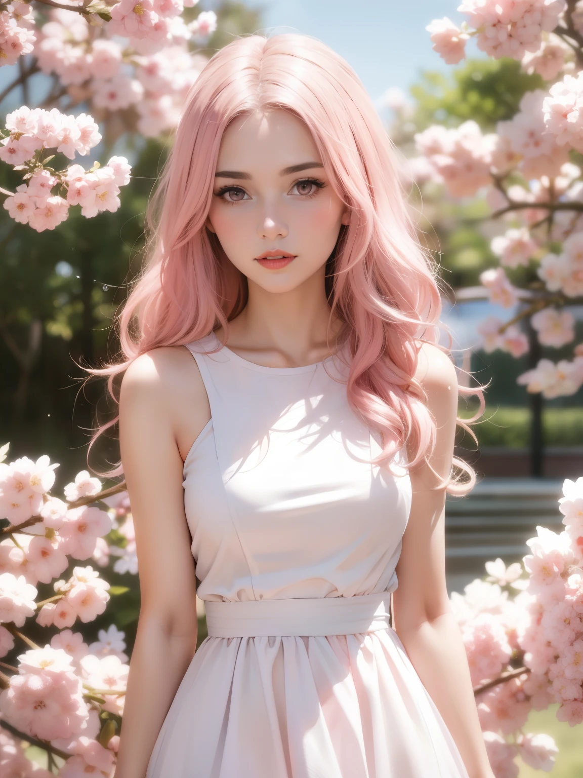 Light pink hair, pink eyes, pink and white, sakura leafs, vivid colors, white dress, paint splash, simple background, ray tracing, wavy hair