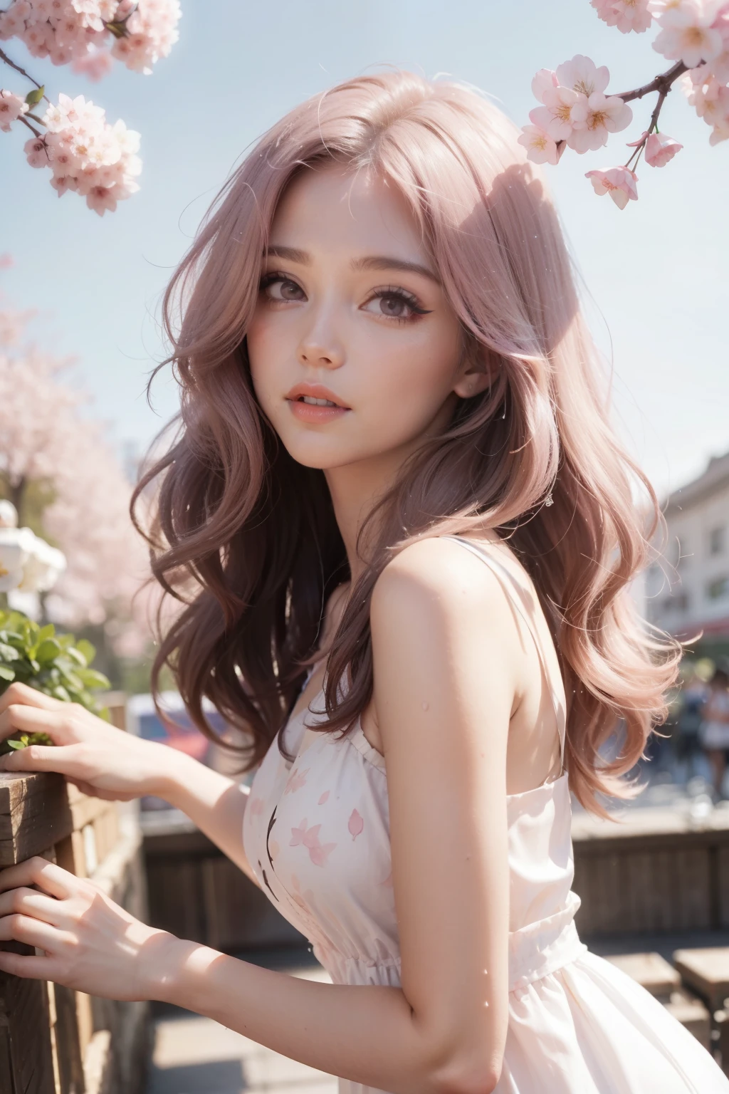 Light pink hair, pink eyes, pink and white, sakura leafs, vivid colors, white dress, paint splash, simple background, ray tracing, wavy hair