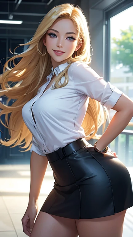 (back view, backside view),(masterpiece, best quality:1.4), absurdres, highres, ultra detailed, beautiful, 2girl, (secretary), (perfect face, detailed face, beautiful:1.3), (blue eyes, golden hair, bangs, hair intakes, long hair), (natural breasts, cleavage), collarbone ,collared shirt, fingerless gloves, gloves, pencil tight skirt, , over the knee skirt, hat, navel, neckerchief, red neckerchief, elegant secretary outfit, thick thighs, thighs, multiple belts, More detailed 8K.motor irreal:1.4,UHD,La mejor calidad:1.4, fotorrealista:1.4, textura de la piel:1.4, obra maestra:1.8,obra-prima, mejor calidad,objeto Objeto], (detailed face features:1.3),(manos detailed) uma penetrando seu pênis na outra por trás,