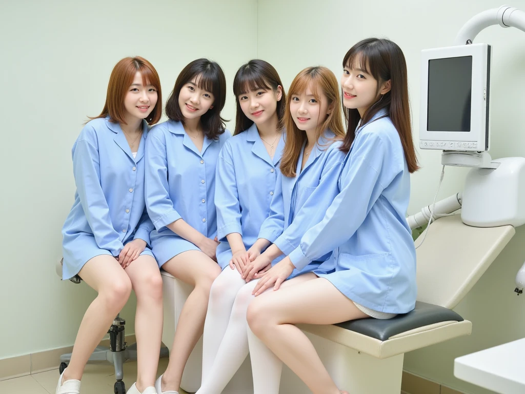 ((highest quality, 8K, Masterpiece in detail, ultra high resolution)), (Group photo)(looking at the viewer), (full shot:), Attractive Business 3, 3 people, a little chubby:0.25, plump thighs, white collared shirt, gray skirt, (オフィスの机に足を開いてsit、sit、squat、Panty shot、white panties、mini skirt)), smile, Representative Director and President's Office,