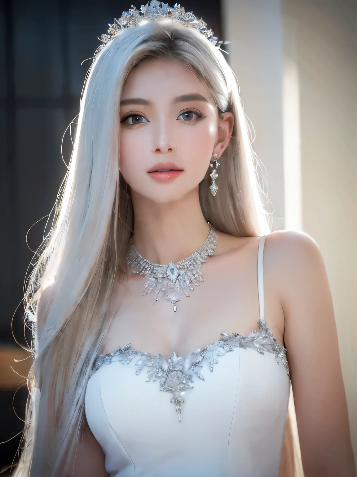 (masterpiece, best quality: 1.4), Detailed background, White crystal, crystal cluster,long hair,jewelry, earrings, necklace, crown, bride, white hair, halo,