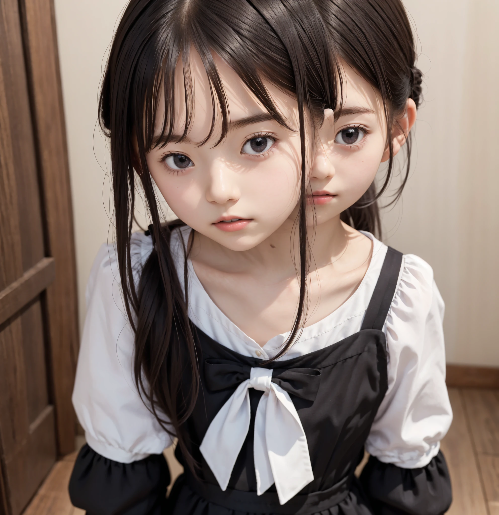 Maid,cute pretty girl,masterpiece,high definition,4k,8k,16k,odango hairstyle,black hair,slender body