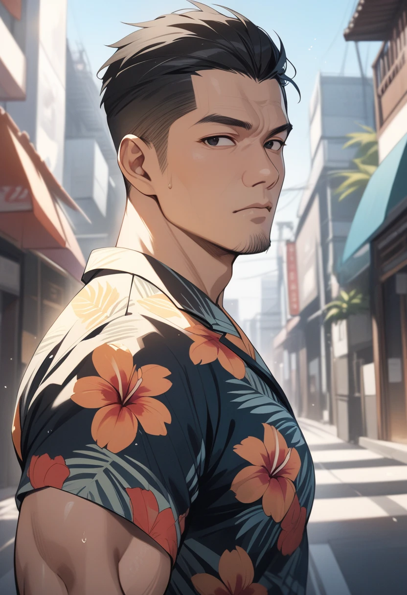 (Masterpiece, high resolution, best quality), solo, 1 male, 40-years old man, asian, tough guy, black hair, crew cut, black eyes, tall and muscular, aloha shirt, looking at viewer, upper body, cityscrape background